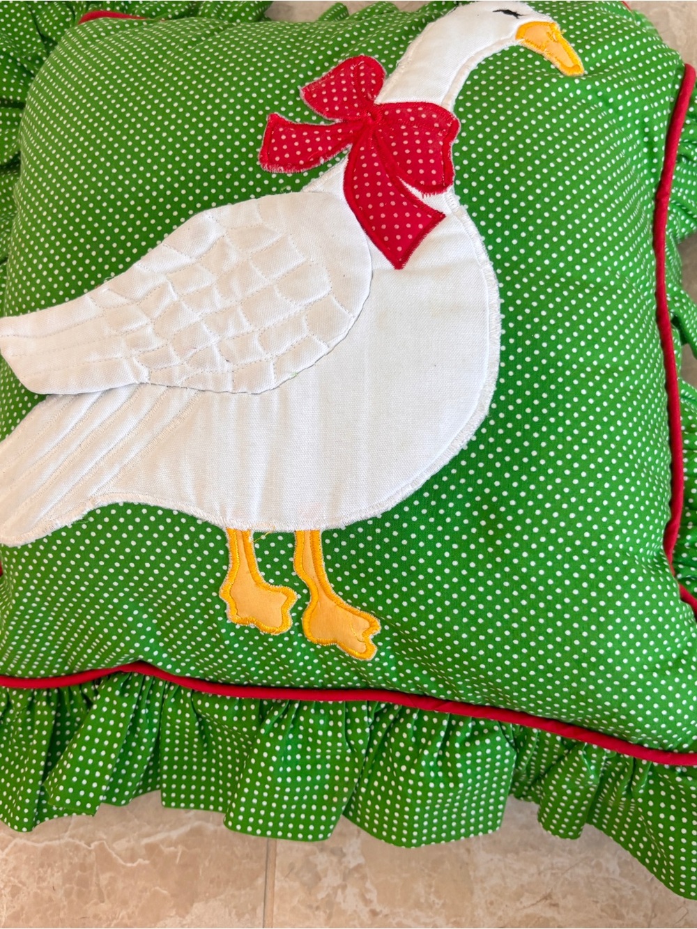 Set of Two Vintage Handmade Quilted Goose Pillows Green and White Polka Dot - Picture 6 of 16